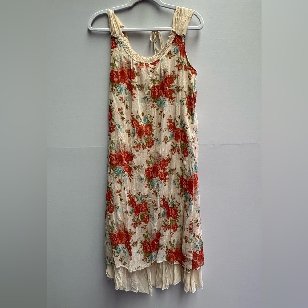 Vintage Cream Red Floral Sleeveless Maxi Sundress XS S